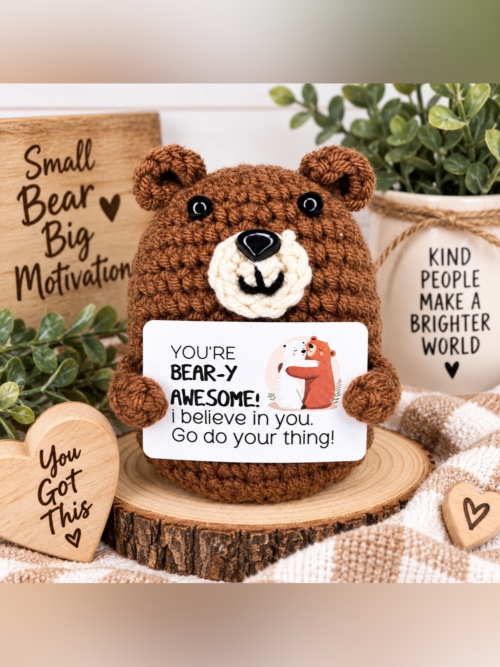 Handmade Brown Crochet Positive Affirmation Bear Plush
